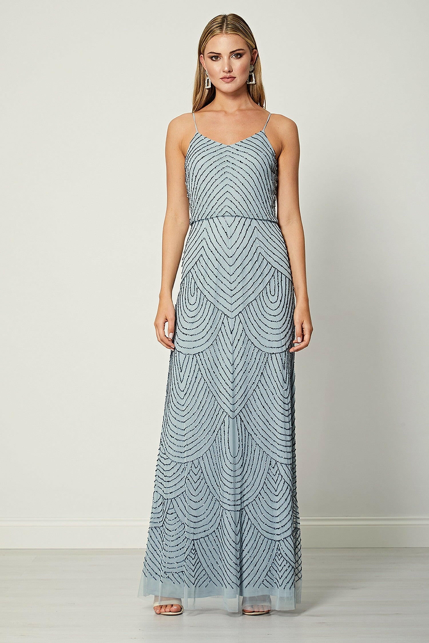 Viviana Blue Cami Sequin Stripe Embellished Maxi Dress